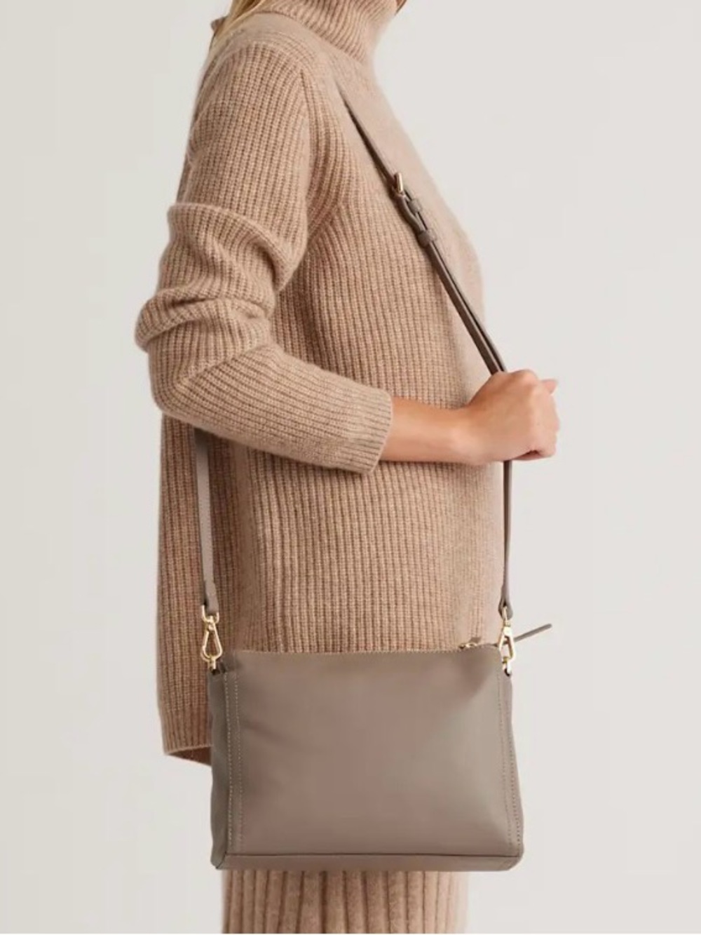 Quince Triple Compartment Taupe Leather Crossbody with Gold Hardware - Picture 2 of 8